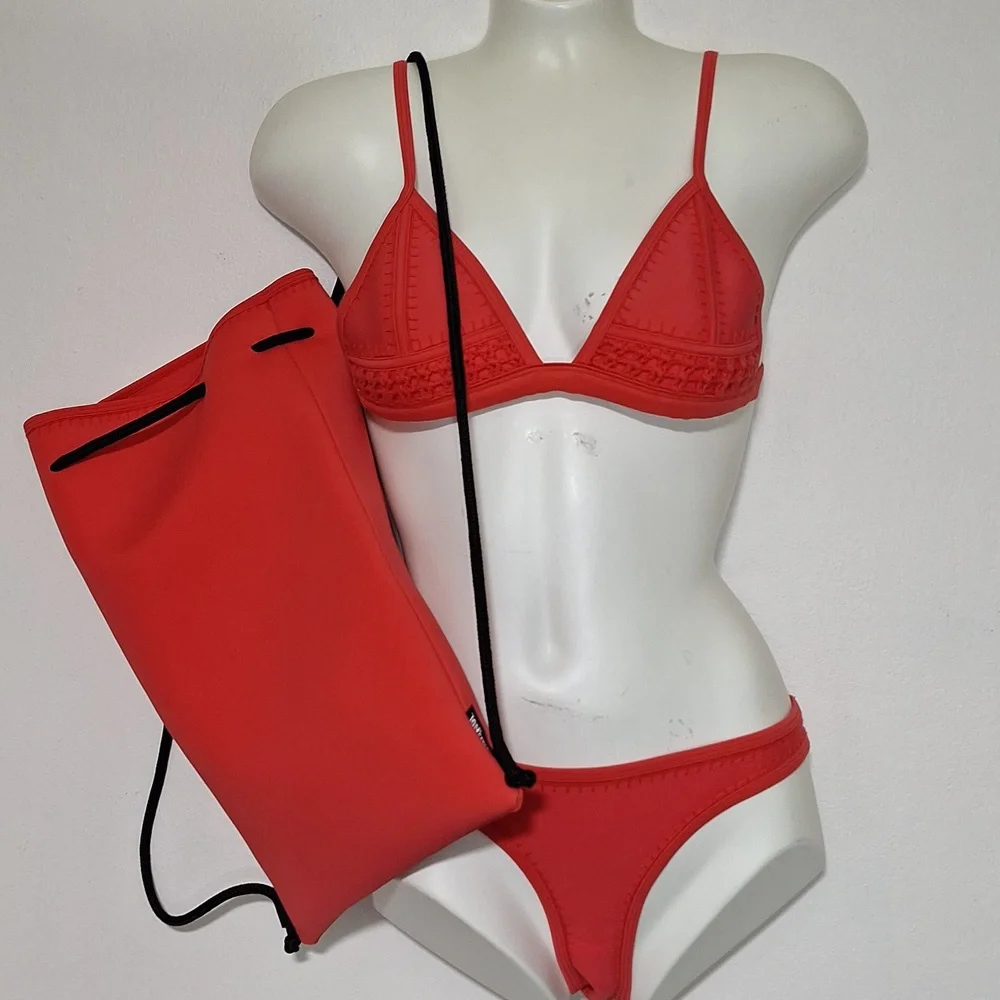 triangl swimwear Coral Red Triangle Bikini Set with Matching Neoprene Bag